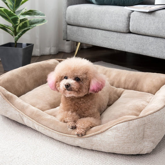 Cozy Khaki Square Dog Bed for Medium Pets - Ultra Soft, Anti-Slip & Durable 30x24 Inch Sleeping Cushion